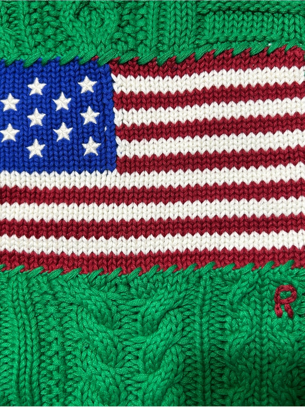 Vintage Polo by Ralph Lauren Green Cable Knit Crewneck with American Flag - Picture 4 of 16